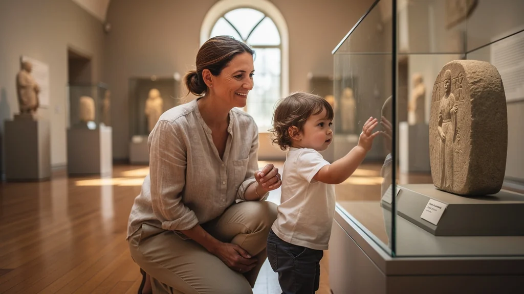 Mère et tout-petit au musée, moment tendre de découverte et connexion essentielle à cet âge