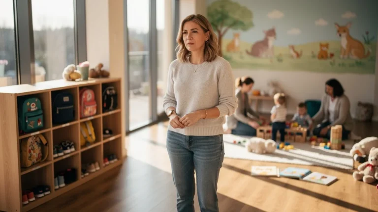 Première semaine d'adaptation à la crèche, ambiance douce et réaliste illustrant une maman réfléchie