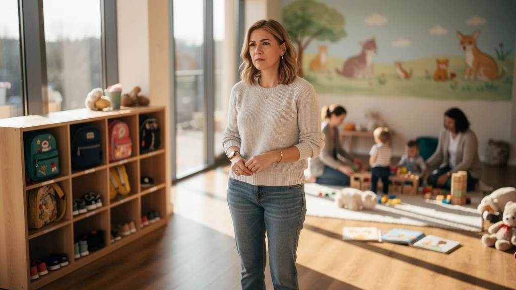 Première semaine d'adaptation à la crèche, ambiance douce et réaliste illustrant une maman réfléchie