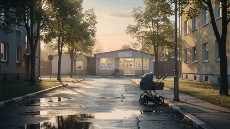 Rue urbaine calme au matin avec poussette devant crèche, illustrant le coût d’une crèche proche
