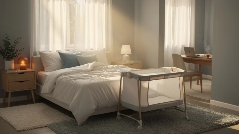 Chambre paisible avec lit et berceau encadré illustrant la fin des réveils nocturnes après deux mois de cododo