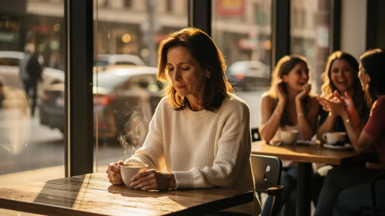 Femme de 42 ans seule dans un café, symbolisant l'isolement après être devenue mère à trente ans
