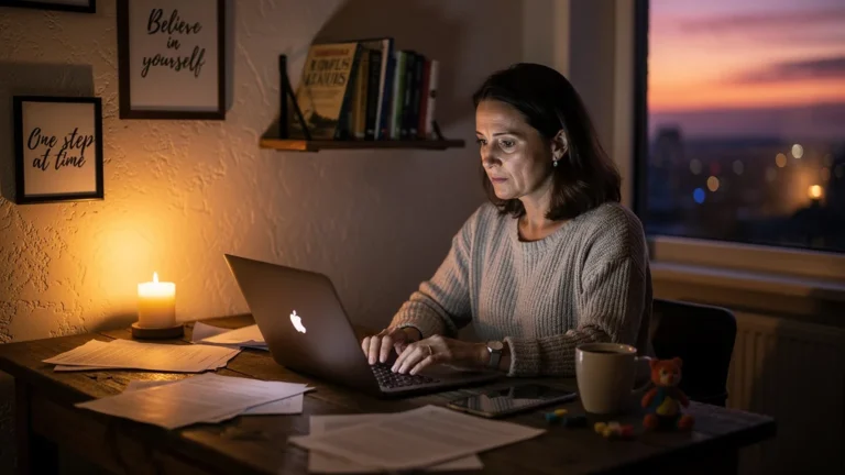 Femme d’environ 42 ans travaillant le soir, découvrant la vraie charge du travail en rentrant