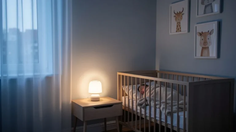 Chambre de bébé moderne avec veilleuse connectée diffusant une lumière douce et apaisante
