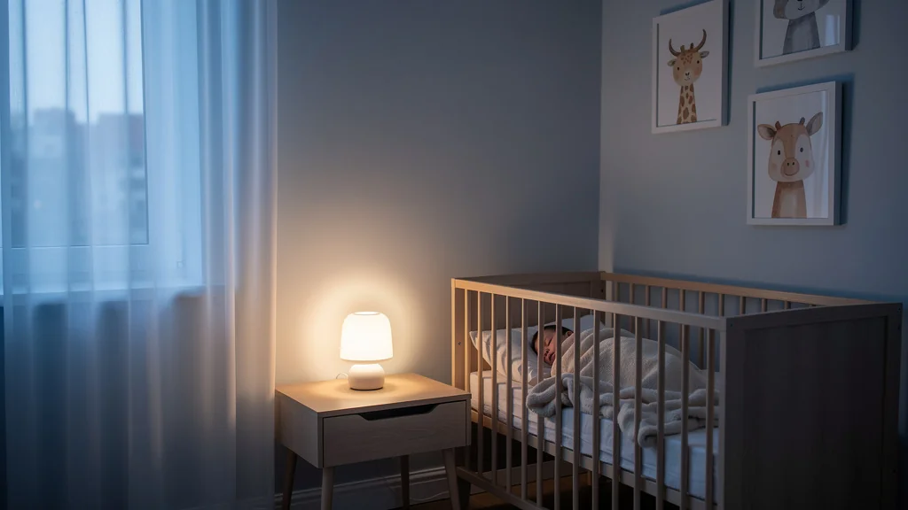 Chambre de bébé moderne avec veilleuse connectée diffusant une lumière douce et apaisante