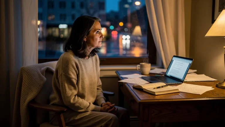 Femme d’environ 42 ans attendant avant de demander de l’aide, scène intime et réaliste en lumière douce