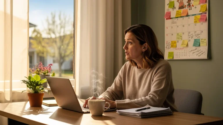 Femme de 42 ans réfléchissant à la préparation tardive d'un congé parental dans son bureau à domicile