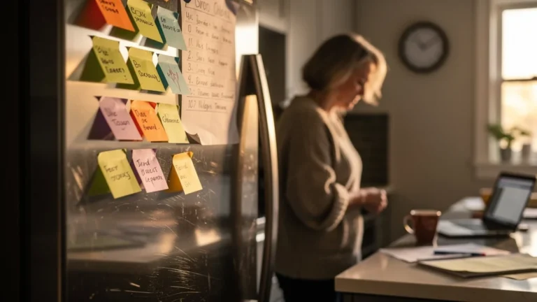Femme fatiguée devant un frigo chargé de notes illustrant la charge mentale invisible au quotidien