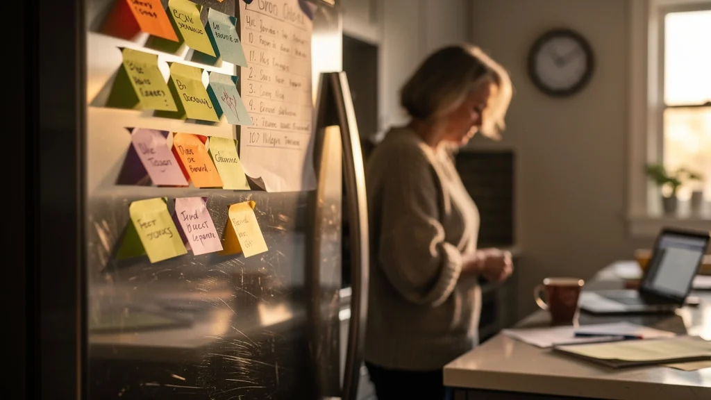 Femme fatiguée devant un frigo chargé de notes illustrant la charge mentale invisible au quotidien