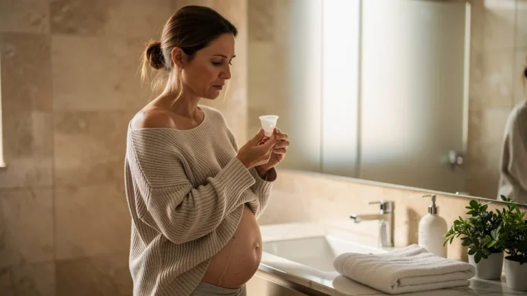 Femme de 42 ans hésitant sur l'utilisation de la coupe menstruelle après grossesse dans une salle de bain lumineuse