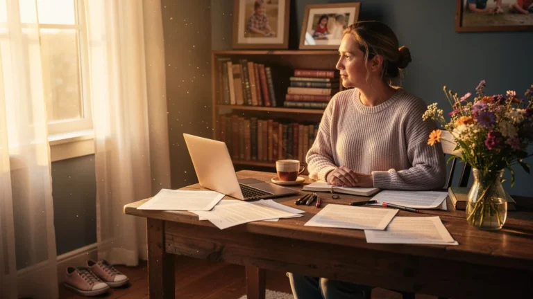 Femme de 42 ans dans un bureau chaleureux, symbole des leçons apprises grâce à son deuxième enfant