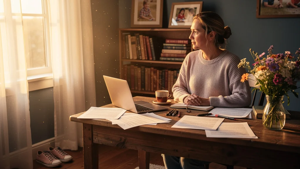 Femme de 42 ans dans un bureau chaleureux, symbole des leçons apprises grâce à son deuxième enfant