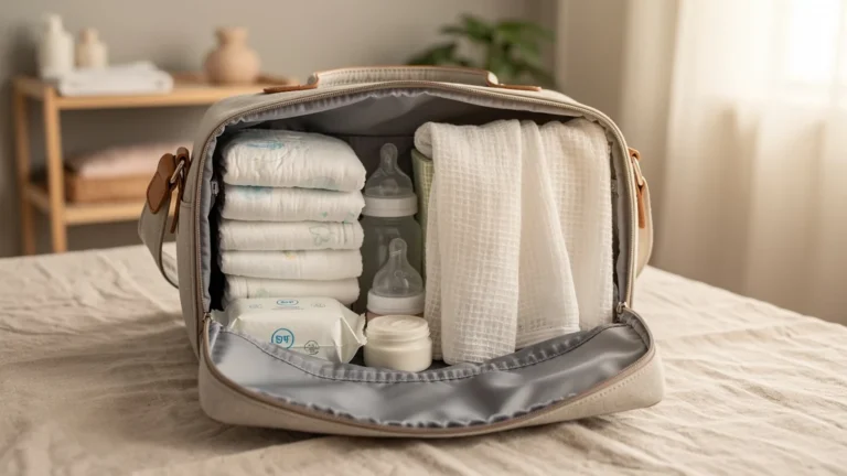 Sac à langer ouvert avec du lange en gaze de coton remplaçant la moitié du contenu, lumière naturelle douce