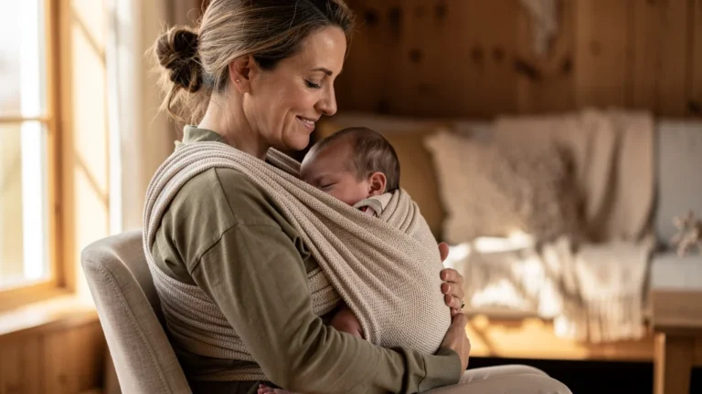 Femme portant un bébé en écharpe, illustrant que le portage vaut mieux que la poussette pour les premiers mois