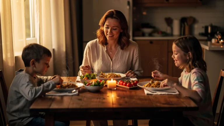 Mère et enfants partageant un repas du soir apaisant, réduisant les crises des enfants