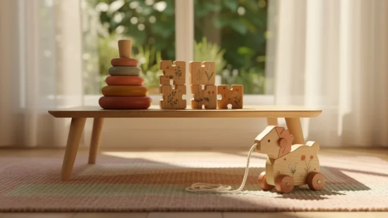 Les jouets d'éveil en bois naturels dans une chambre d'enfant lumineuse et paisible