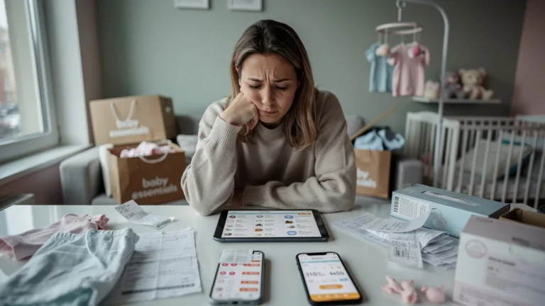 Jeune mère débordée face aux listes de naissance, symbolisant un piège pour les jeunes parents modernes