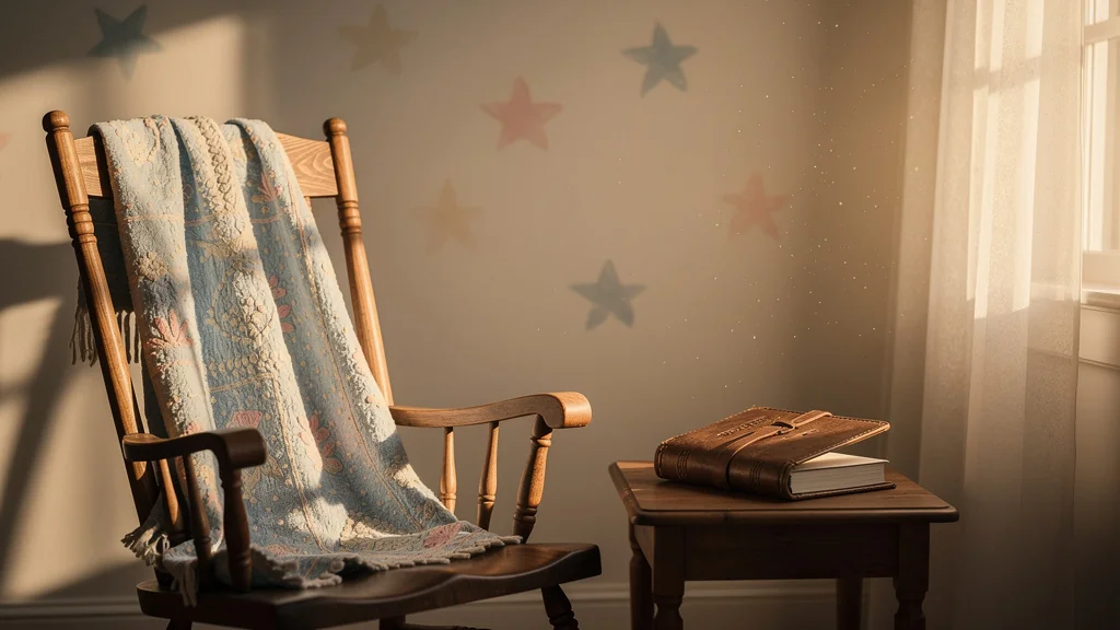 Nursery paisible avec couverture de bébé et journal vide symbolisant regret jeune mère ne pas avoir noté premières fois