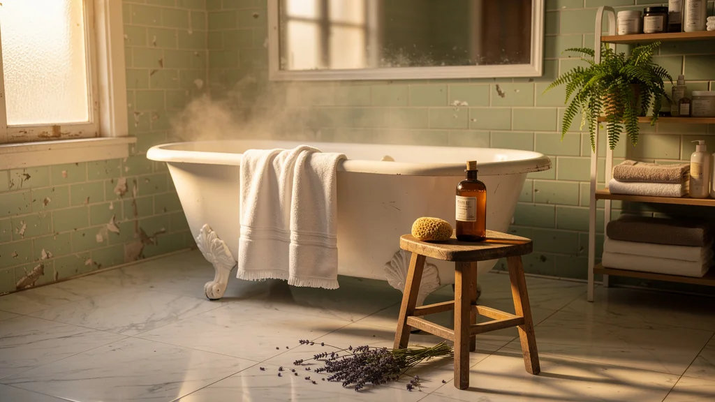 Salle de bain lumineuse avec baignoire vintage, symbole du rituel du bain après tous les déménagements