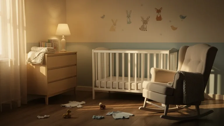 Chambre de bébé soigneusement rangée avant naissance, ambiance calme et lumière dorée naturelle