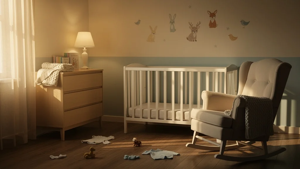 Chambre de bébé soigneusement rangée avant naissance, ambiance calme et lumière dorée naturelle