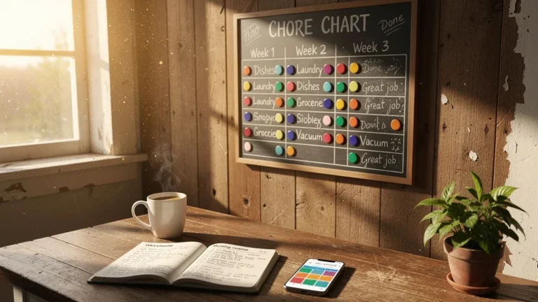 Tableau des tâches familial après trois semaines dans une cuisine lumineuse et chaleureuse