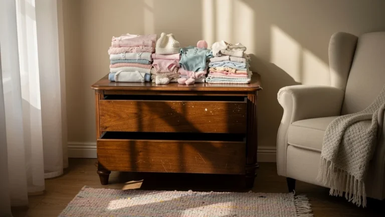 Pile de vêtements taille naissance sur commode avec deux tiroirs jamais ouverts dans une chambre douce