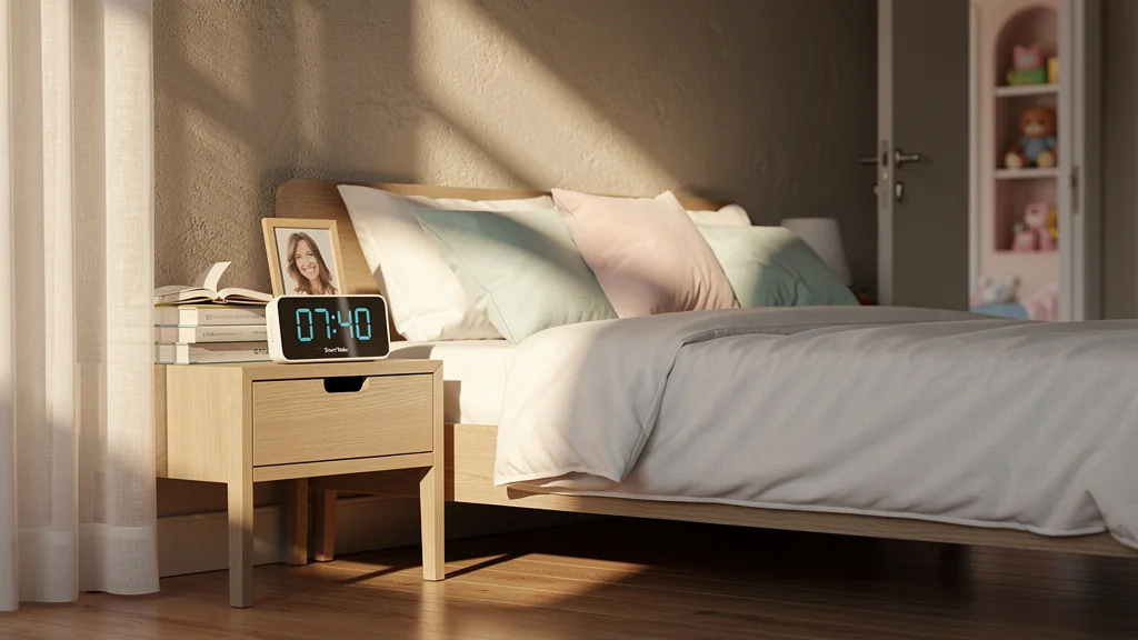 Réveil éducatif moderne en lumière douce décalant le lever de mon fils de quarante minutes